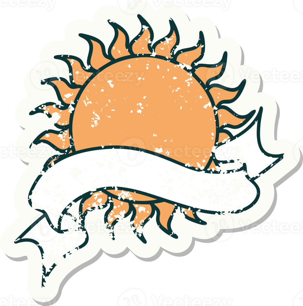 worn old sticker with banner of a sun png