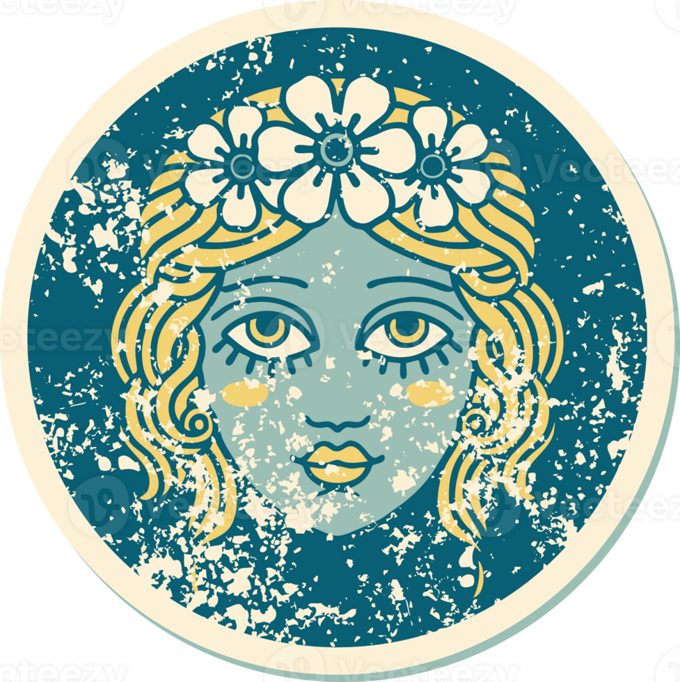 iconic distressed sticker tattoo style image of female face with crown of flowers png