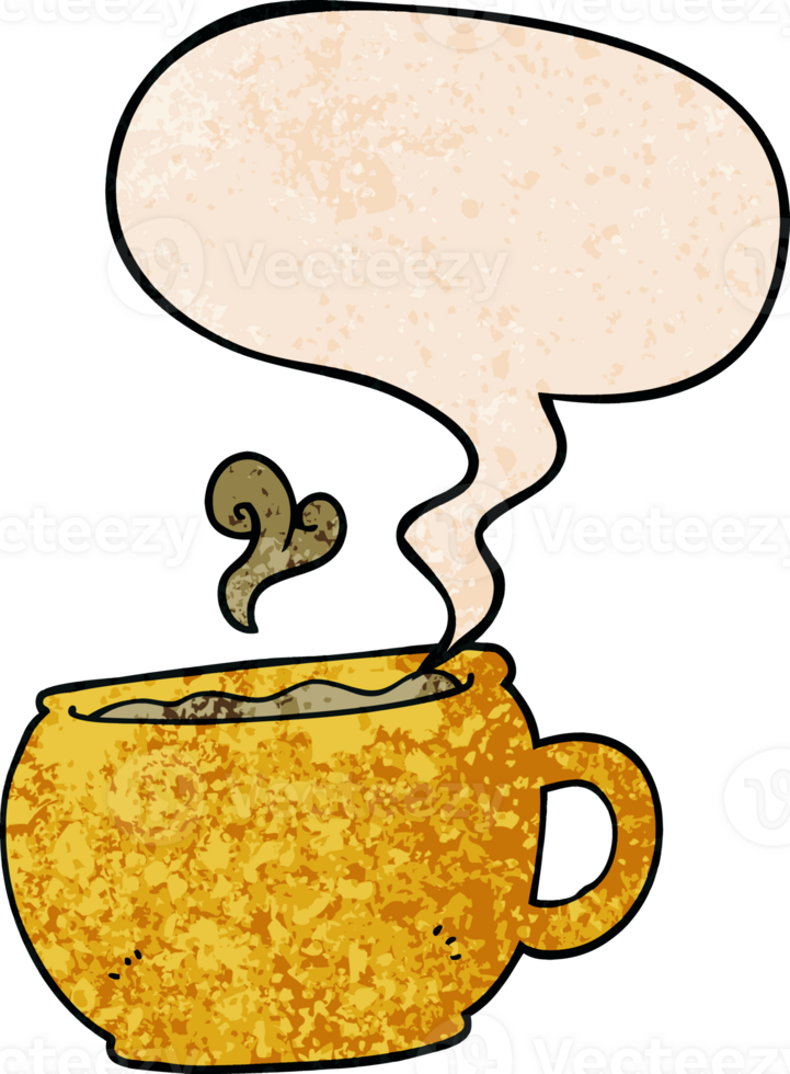 cartoon coffee cup with speech bubble in retro texture style png
