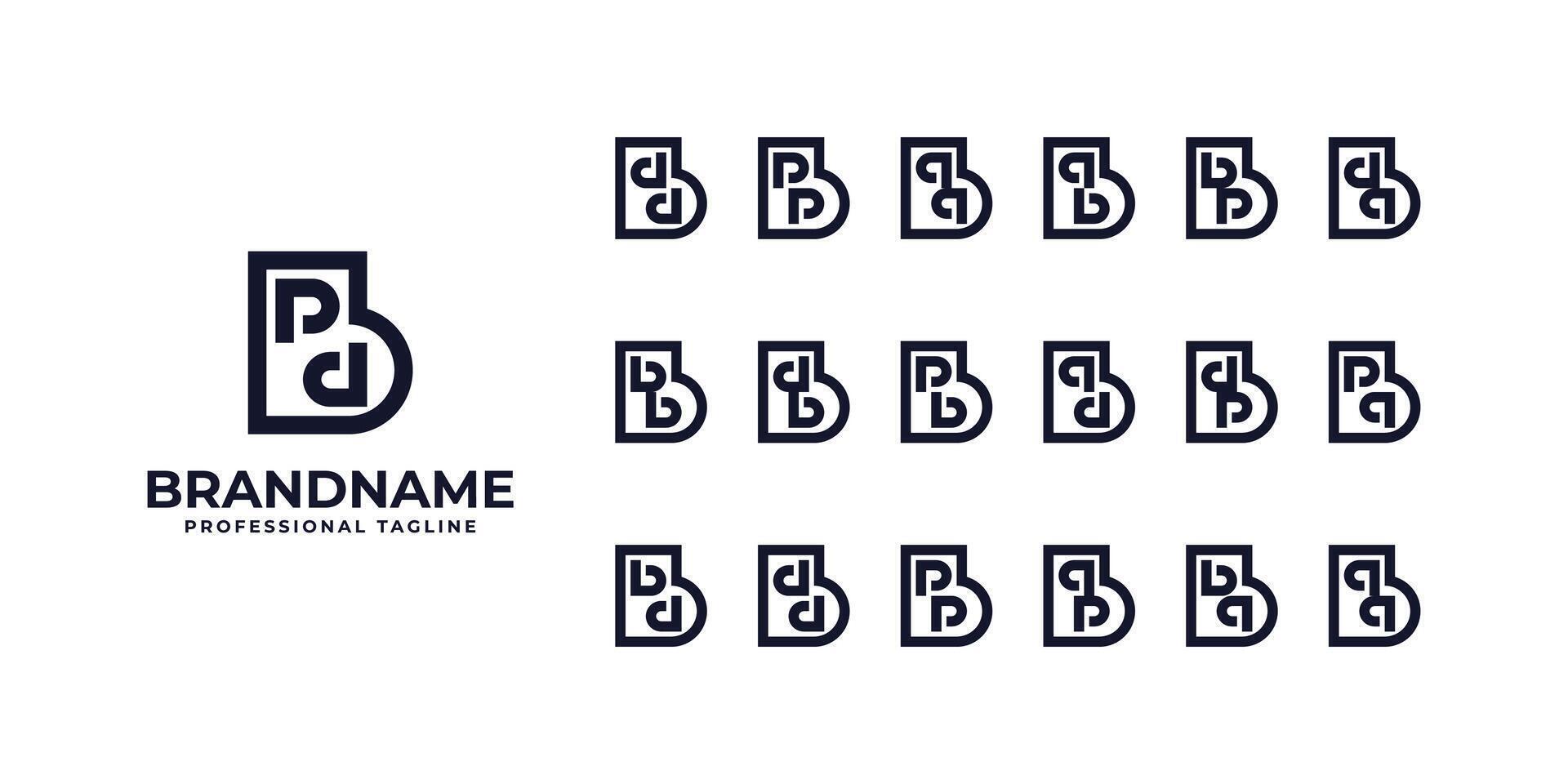 Letters bpd, bdd, bpp, bqq, bqb, bbp, bdq, bbb, bdb, bpb, bqd, bdp, bpq, bbd, bdd, bpp, bqp, bdq, bqq Logo Set vector