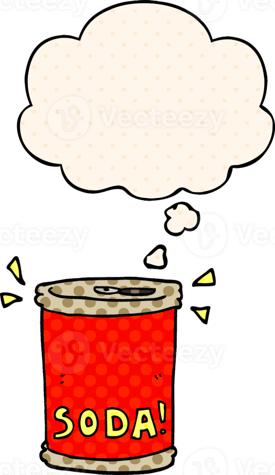 cartoon soda can with thought bubble in comic book style png