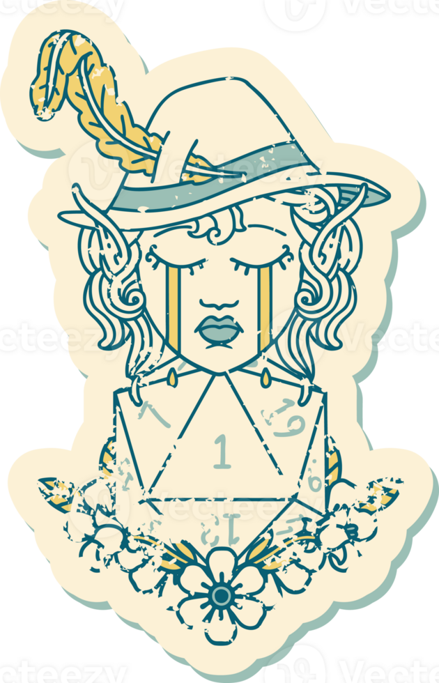 Retro Tattoo Style crying elf bard character with natural one D20 roll png