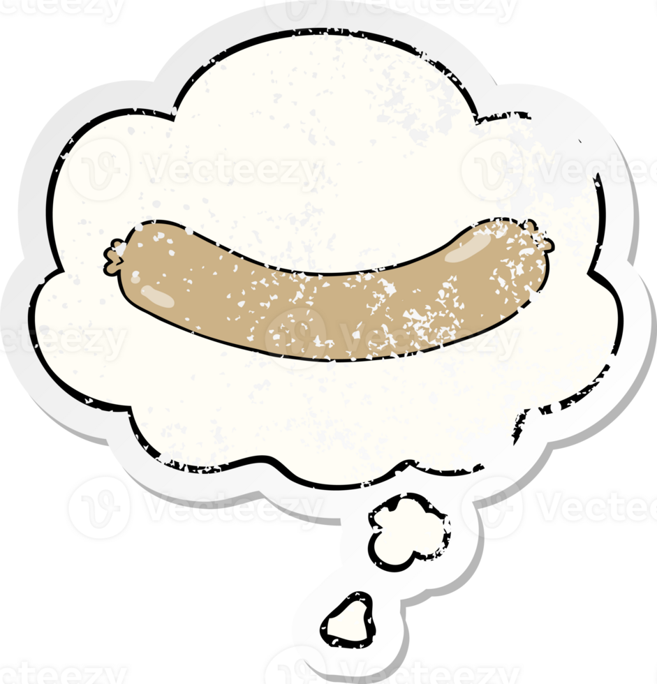 cartoon sausage with thought bubble as a distressed worn sticker png