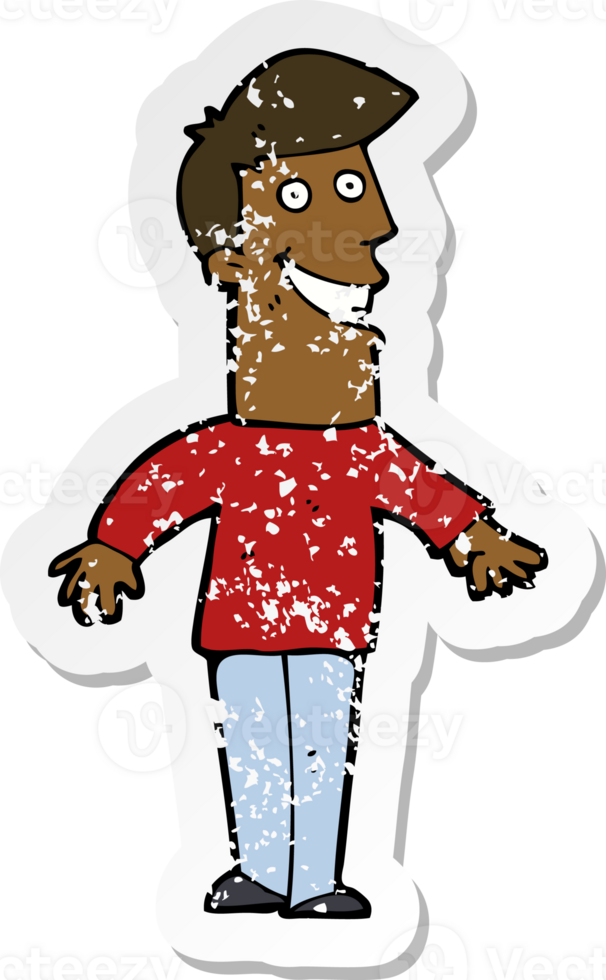 retro distressed sticker of a cartoon grinning man png