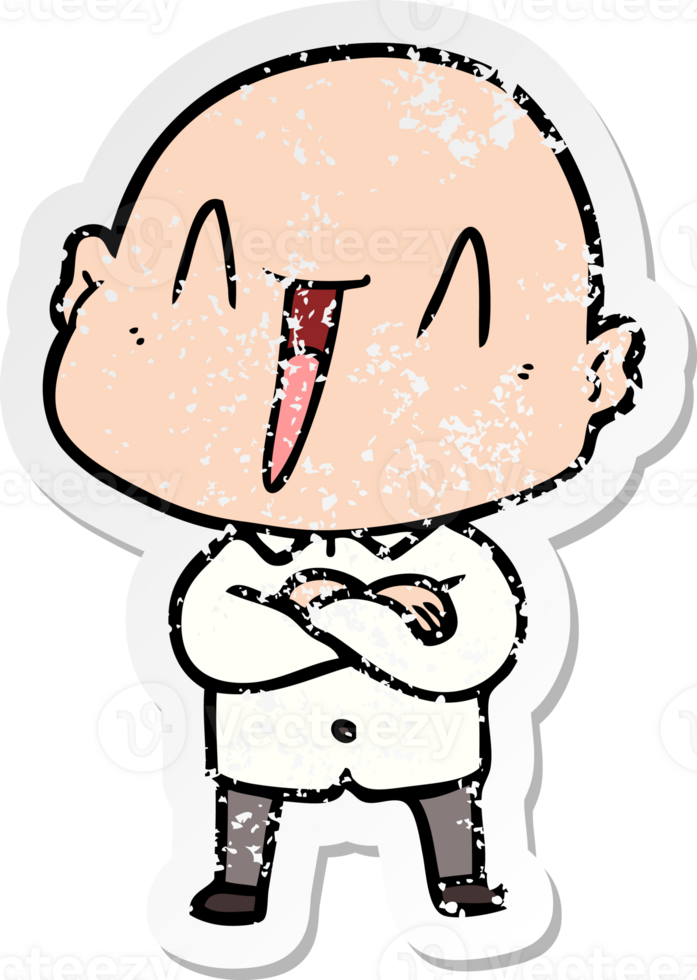 distressed sticker of a happy cartoon bald man png