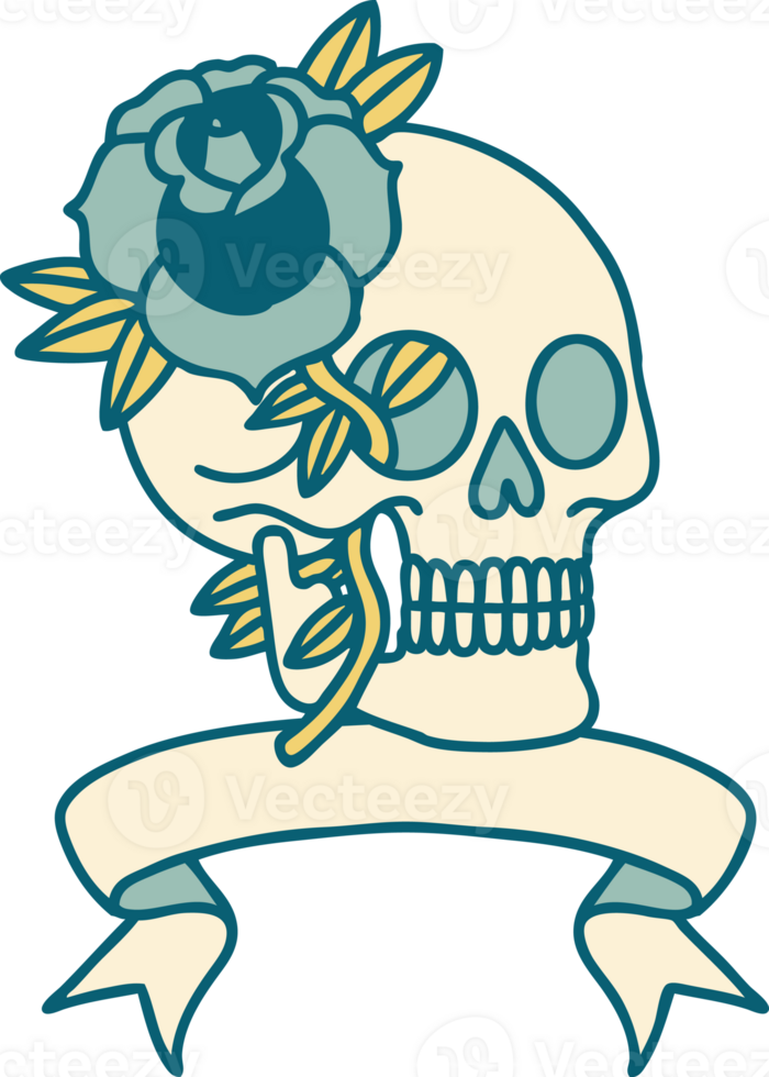 traditional tattoo with banner of a skull and rose png