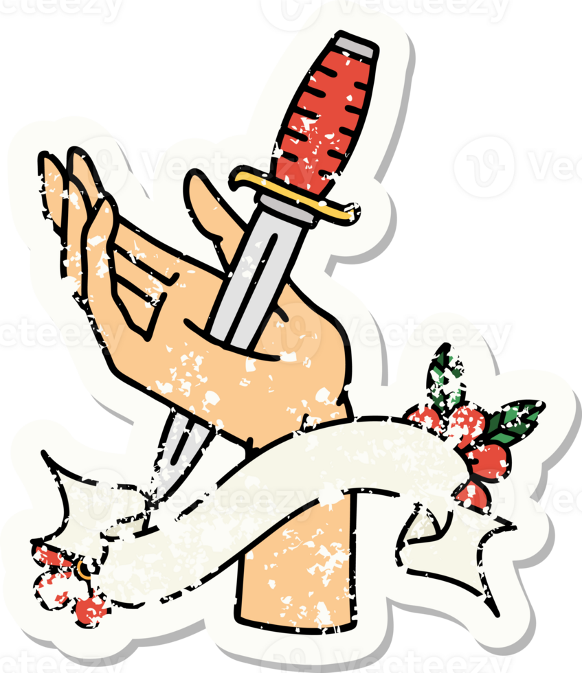 worn old sticker with banner of a dagger in the hand png