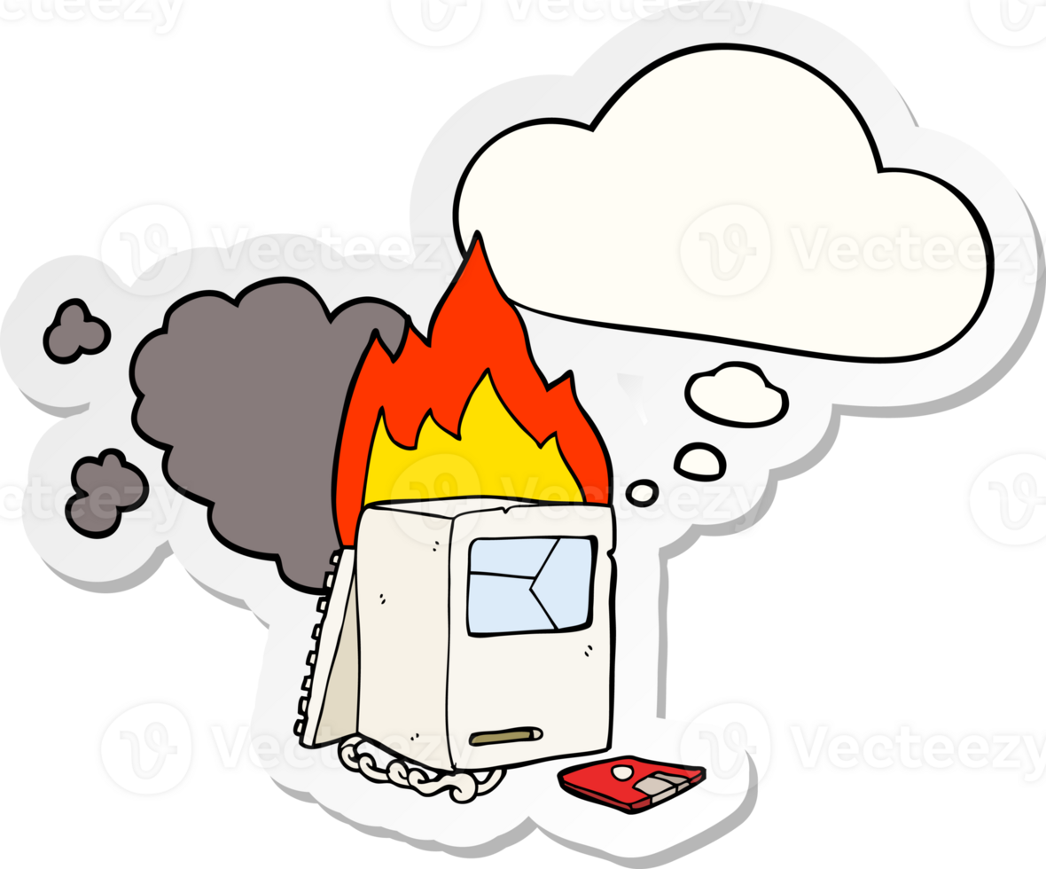 cartoon broken computer with thought bubble as a printed sticker png