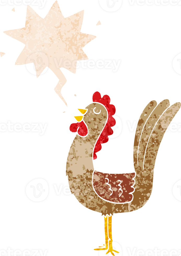 cartoon rooster with speech bubble in grunge distressed retro textured style png