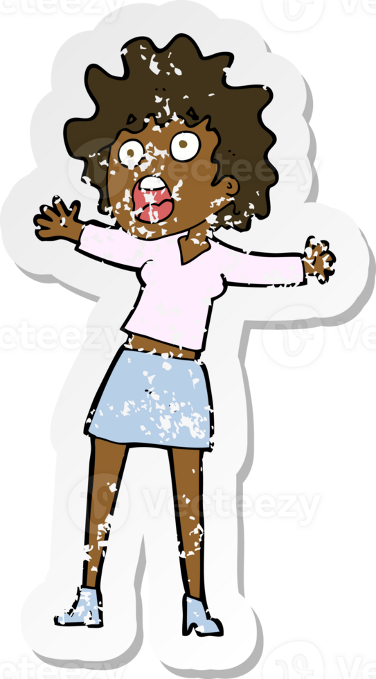 retro distressed sticker of a cartoon frightened woman png