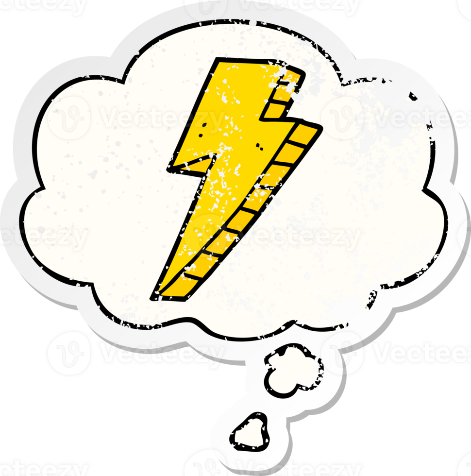 cartoon lightning bolt with thought bubble as a distressed worn sticker png