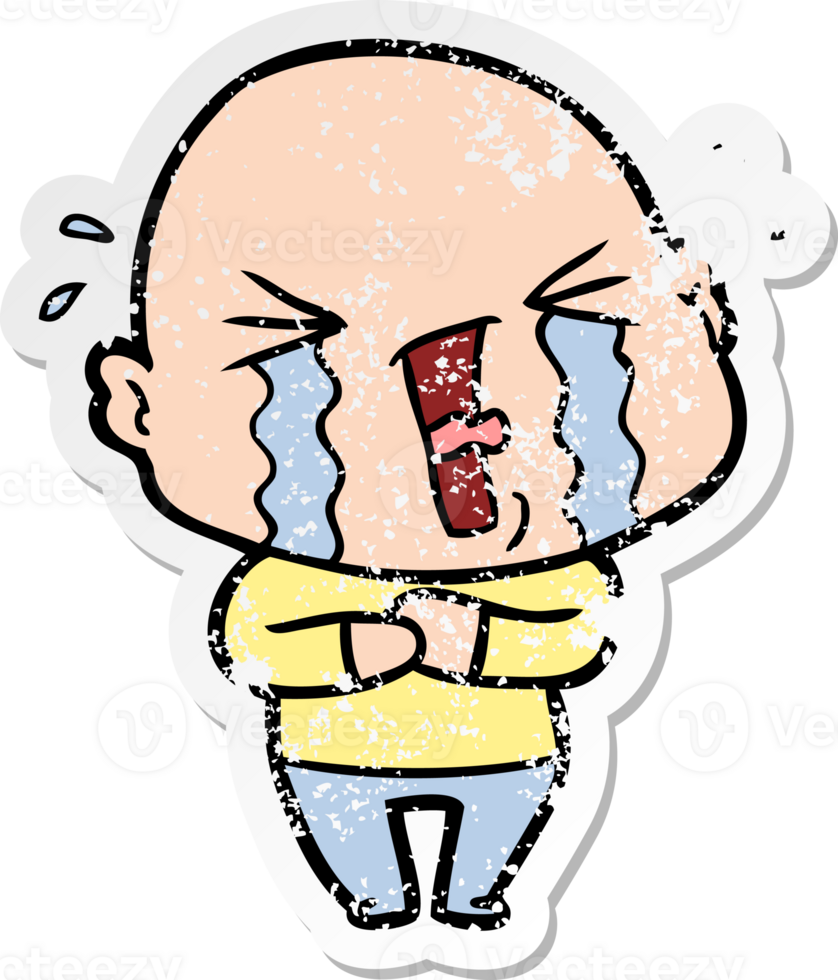 distressed sticker of a cartoon crying bald man png