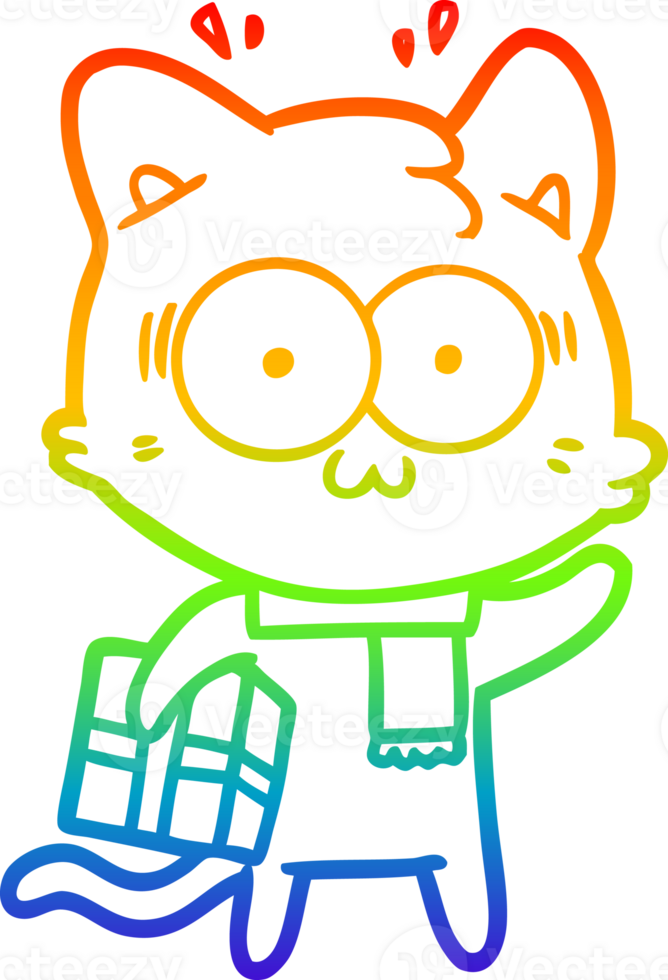 rainbow gradient line drawing of a cartoon surprised cat with christmas present png