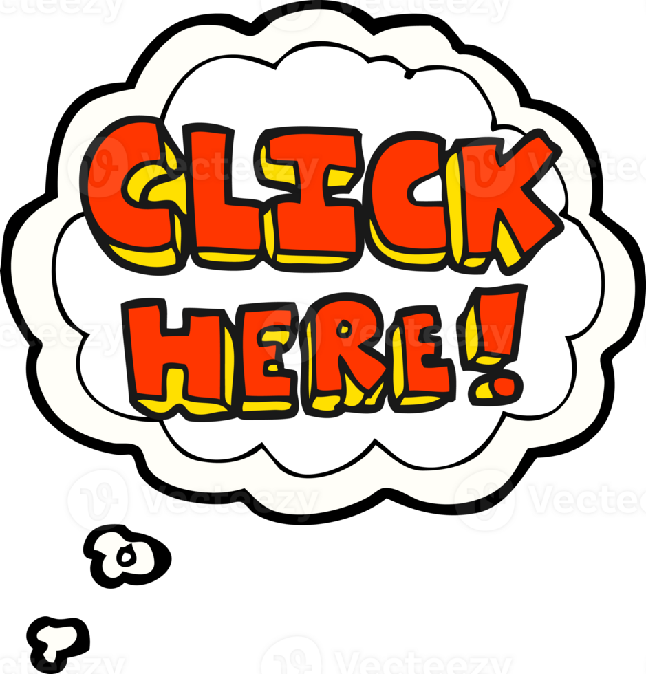 hand drawn thought bubble cartoon click here word symbol png