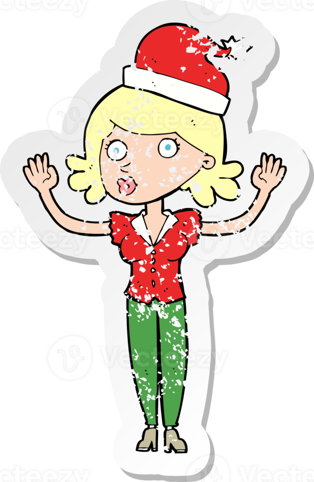 retro distressed sticker of a cartoon woman wearing christmas hat png