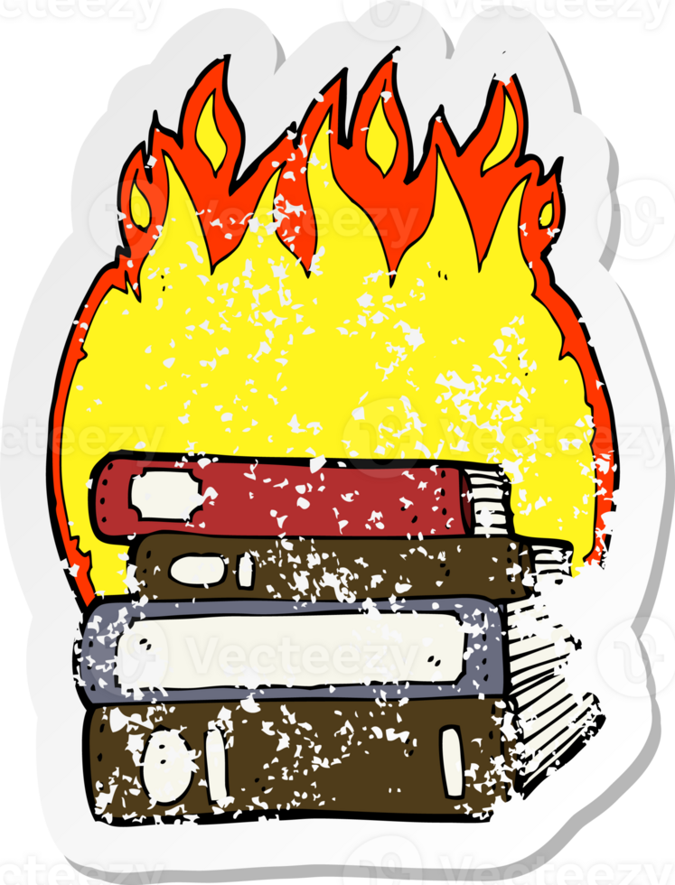 retro distressed sticker of a cartoon burning books png