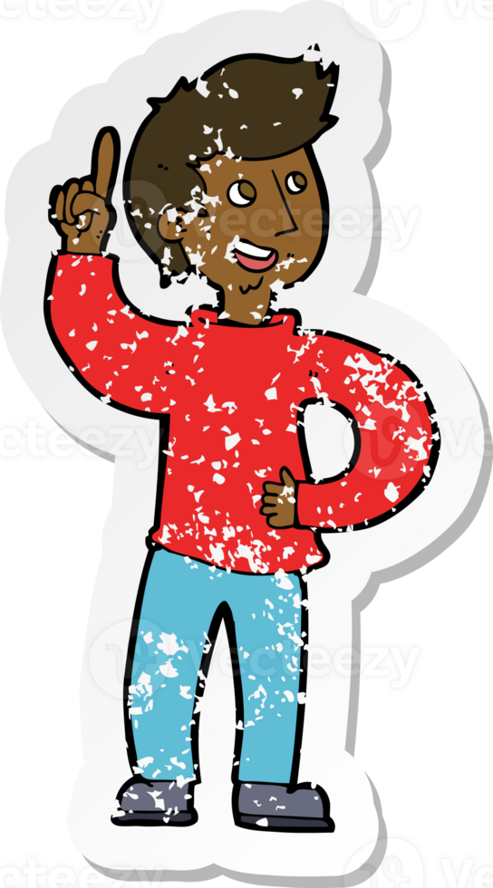 retro distressed sticker of a cartoon man with idea png