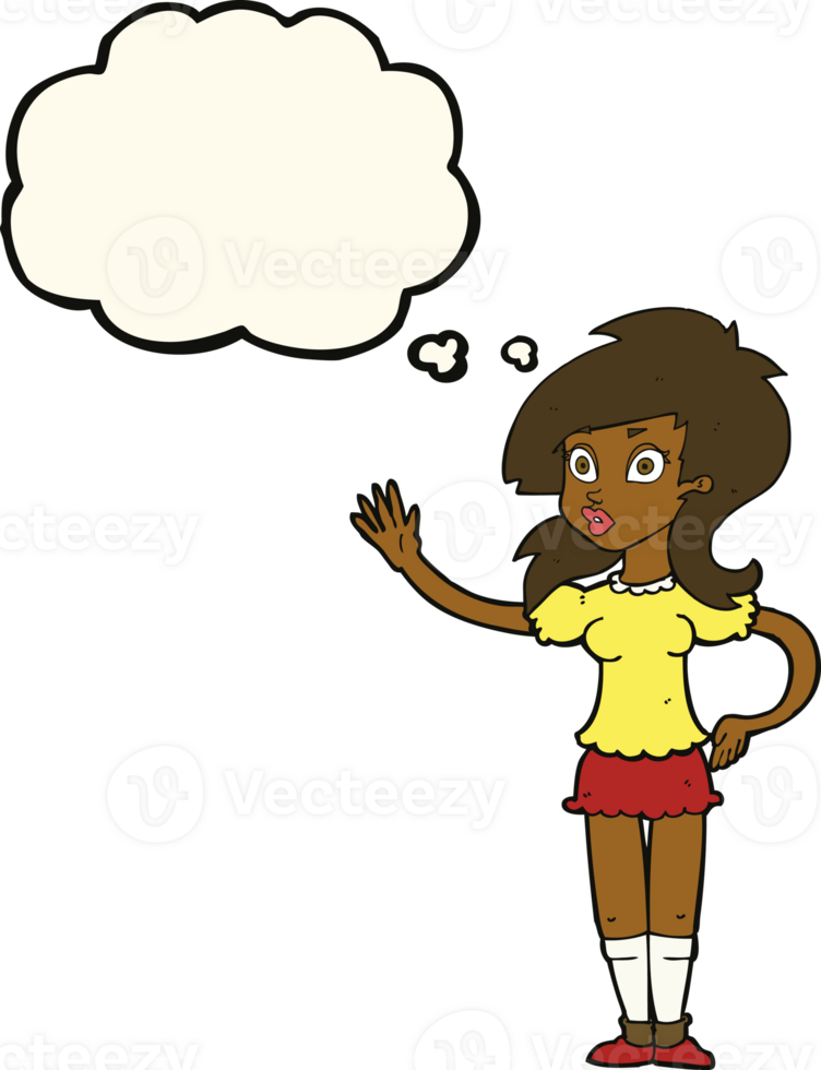 cartoon pretty woman waving for attention with thought bubble png