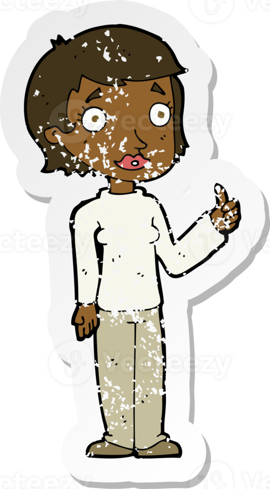 retro distressed sticker of a cartoon woman giving thumbs up symbol png