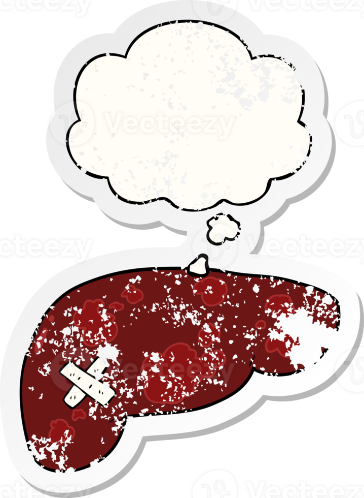 cartoon unhealthy liver with thought bubble as a distressed worn sticker png