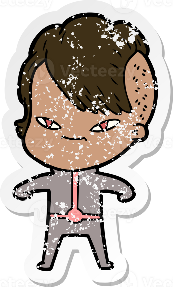 distressed sticker of a cute cartoon girl with hipster haircut png