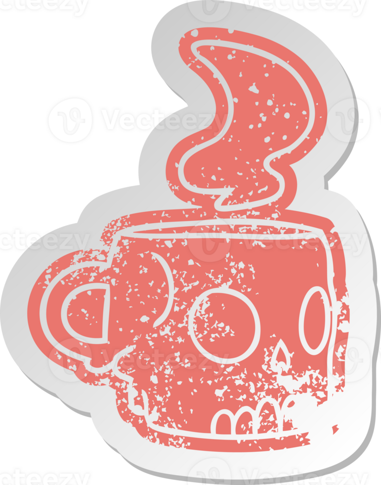 distressed old cartoon sticker of a skull mug png