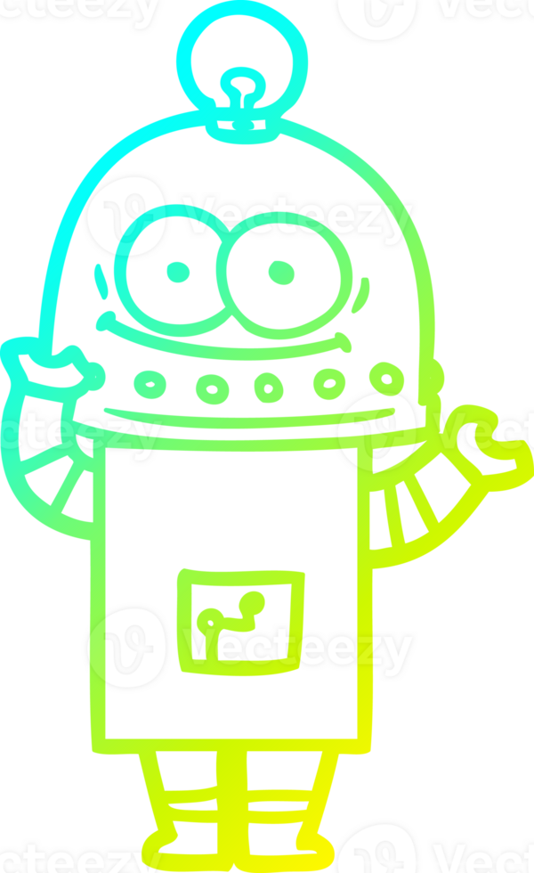 cold gradient line drawing of a happy carton robot with light bulb png