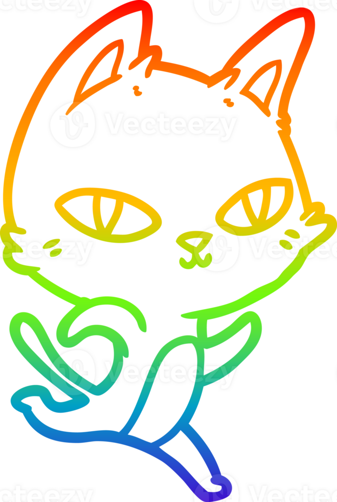 rainbow gradient line drawing of a cartoon cat staring png