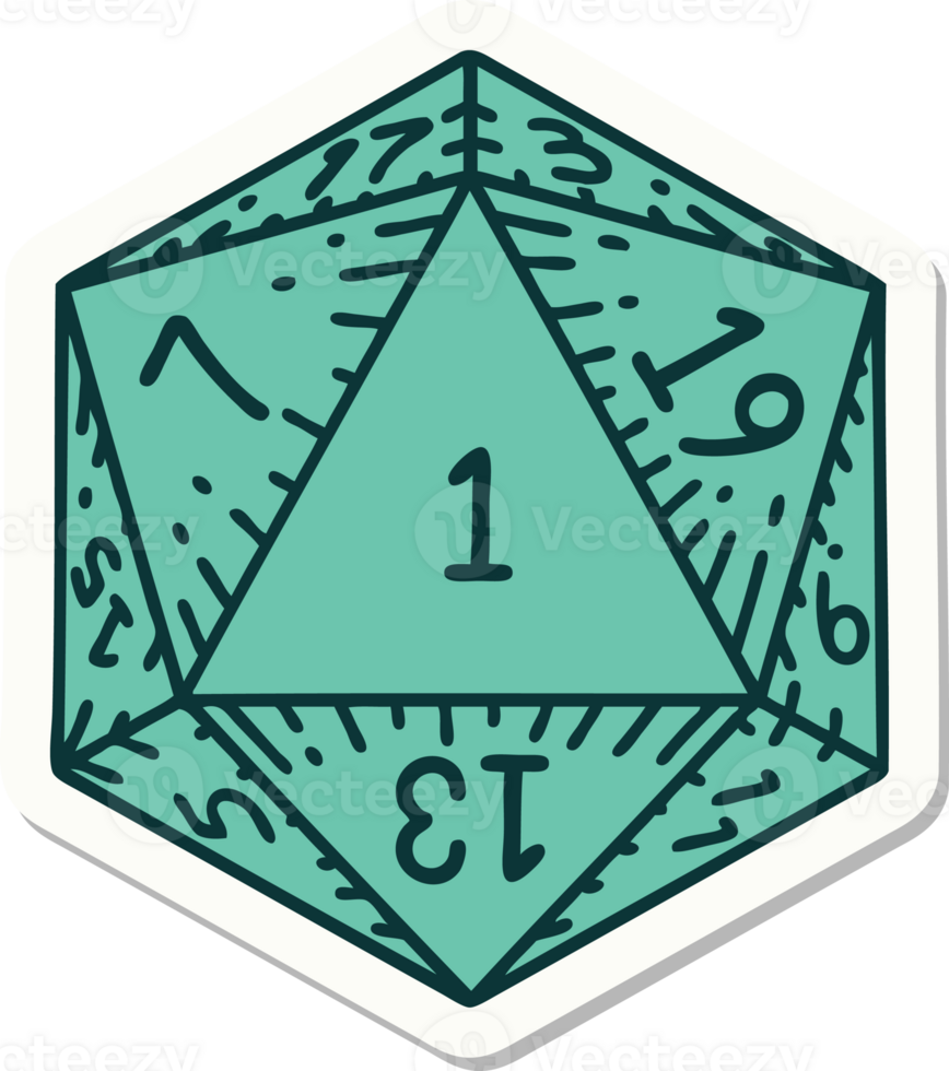 sticker of a natural 1 D20 dice roll png