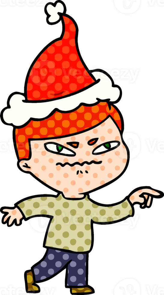 hand drawn comic book style illustration of a angry man pointing wearing santa hat png