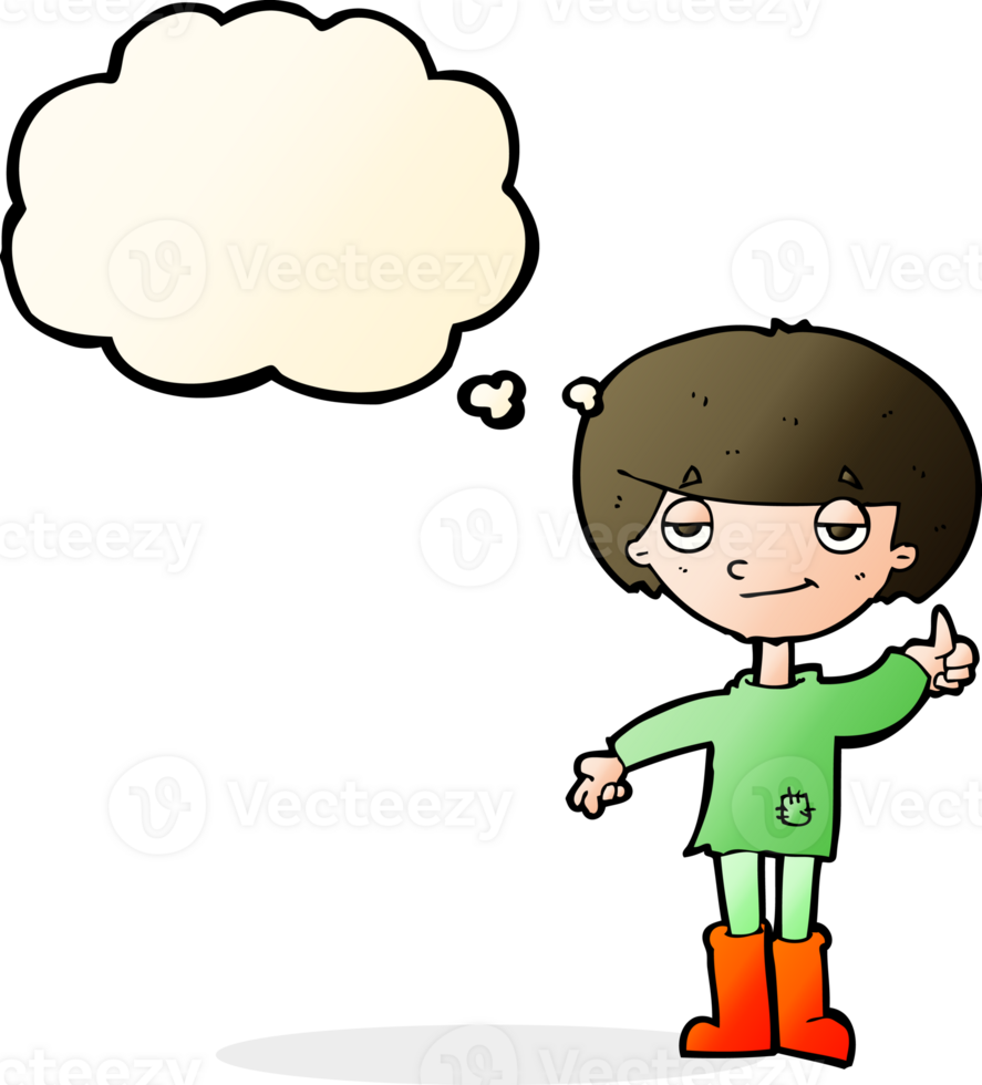 cartoon boy in poor clothing giving thumbs up symbol with thought bubble png