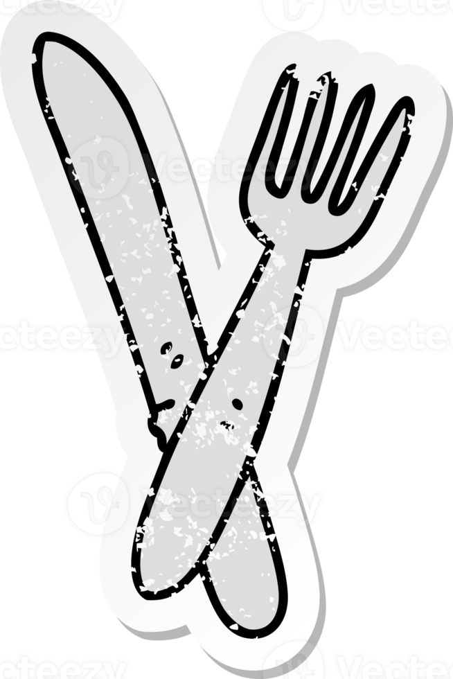 distressed sticker of a quirky hand drawn cartoon cutlery png
