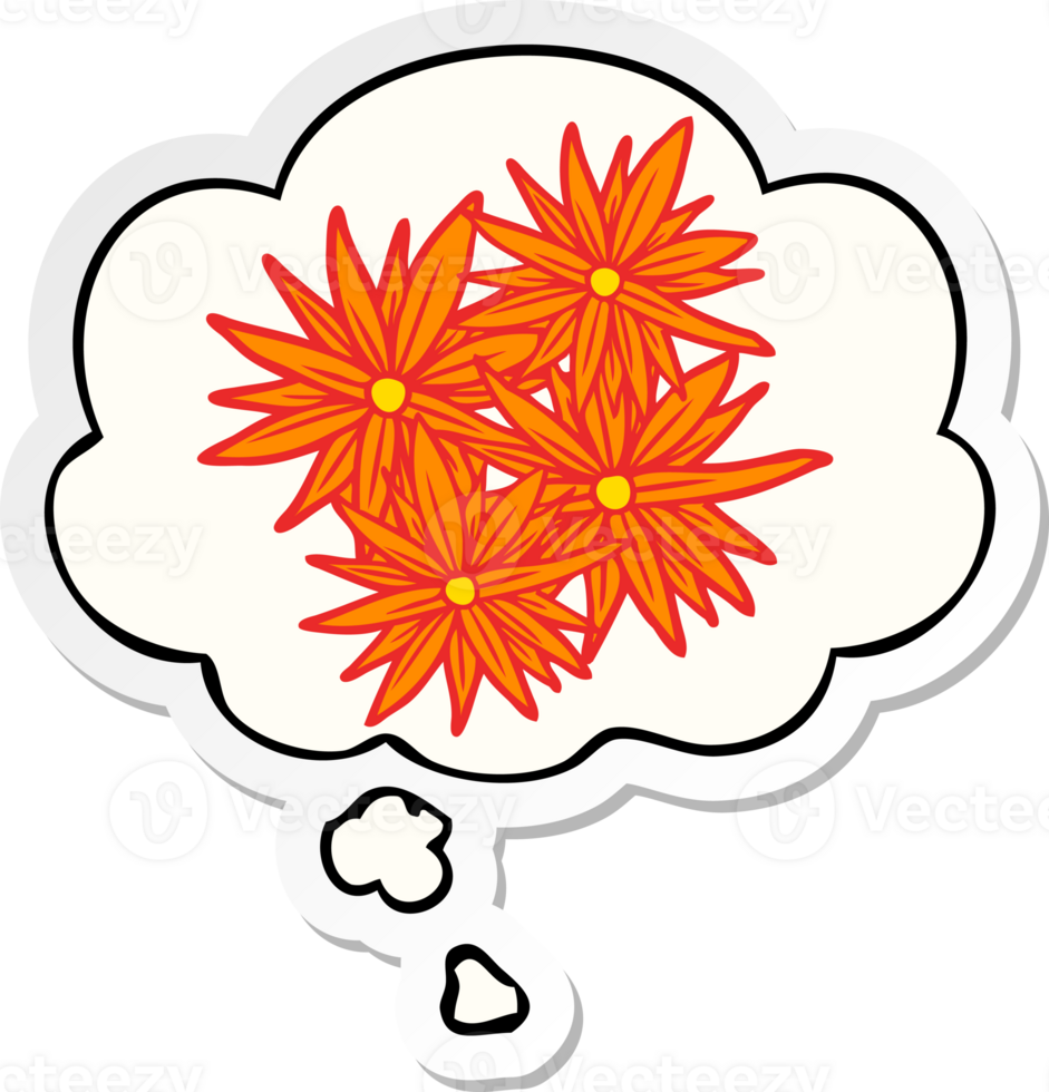 cartoon bright flowers with thought bubble as a printed sticker png
