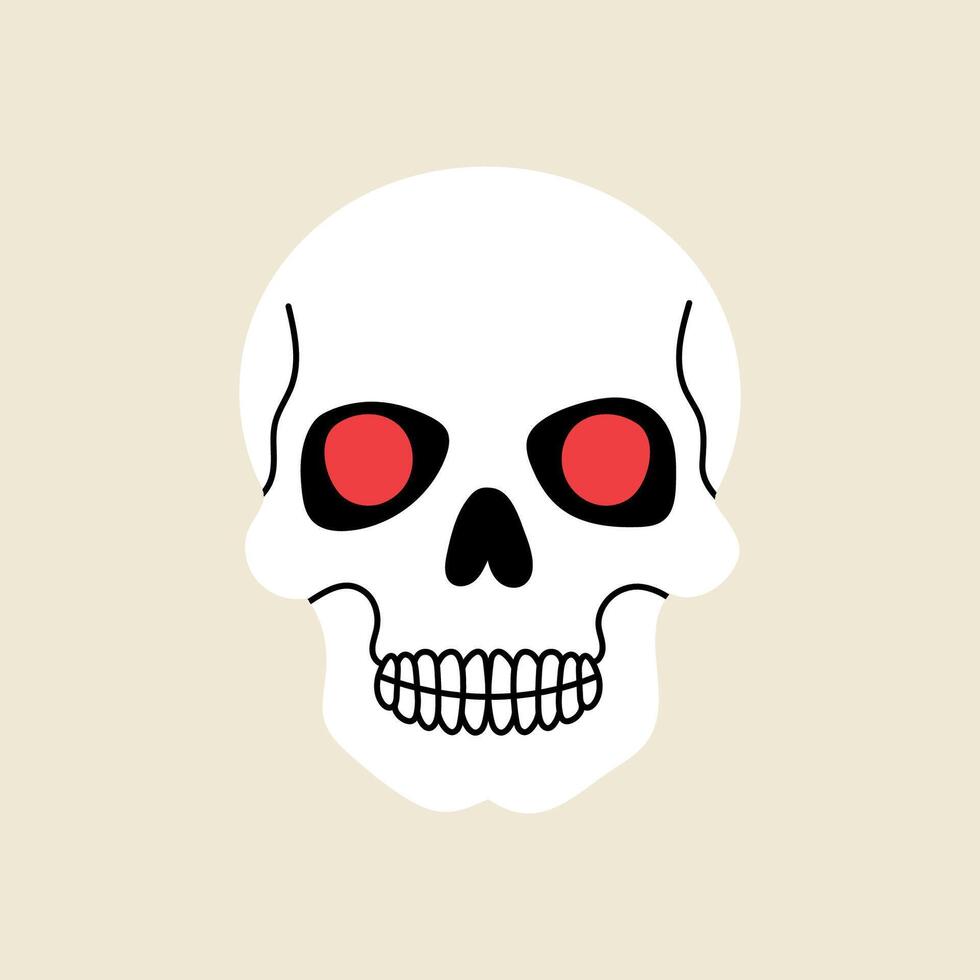 White human skull with red eyes character, Halloween element in modern flat, line style. Hand drawn illustration vector