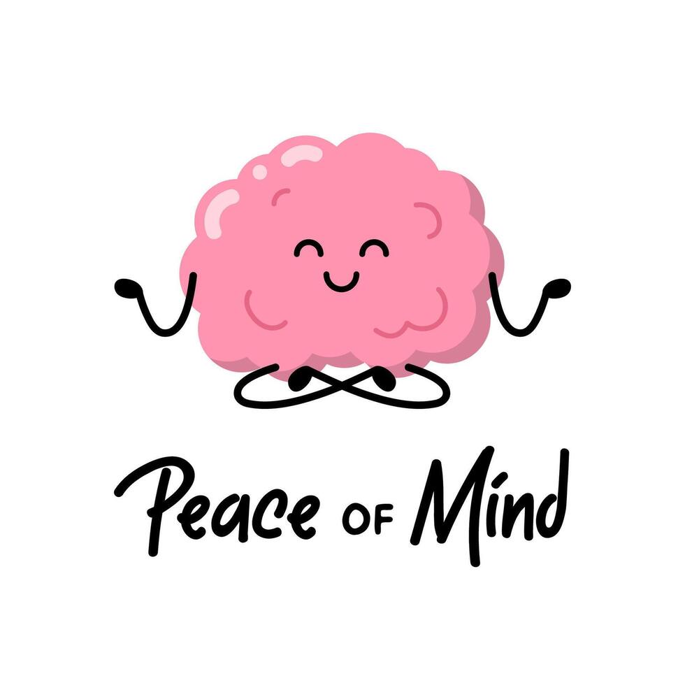 humano cerebro es sentado en un yoga actitud para parches, insignias, pegatinas, carteles linda gracioso dibujos animados personaje icono en asiático japonés kawaii estilo. paz de mente, motivacional y creativo cita. vector