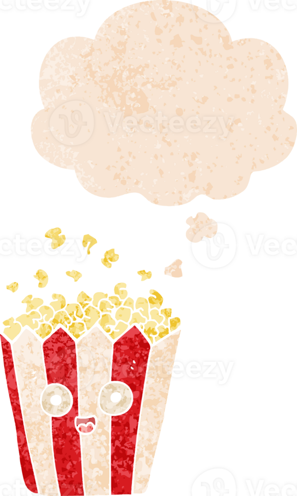 cartoon popcorn with thought bubble in grunge distressed retro textured style png