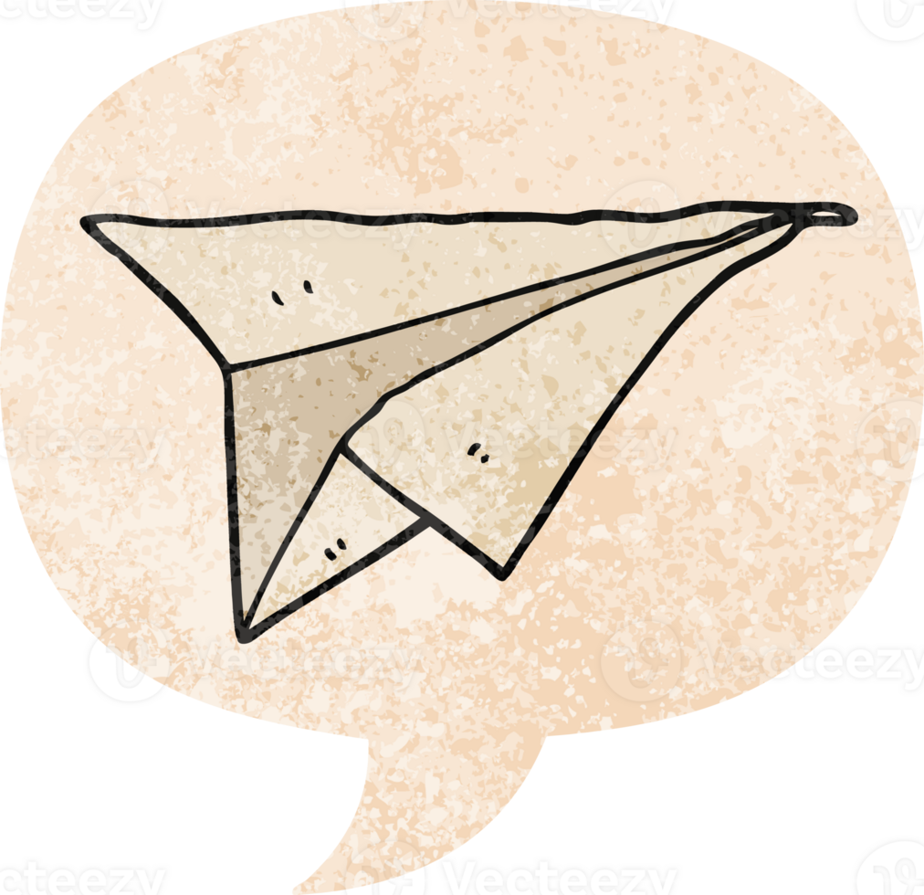 cartoon paper airplane with speech bubble in grunge distressed retro textured style png