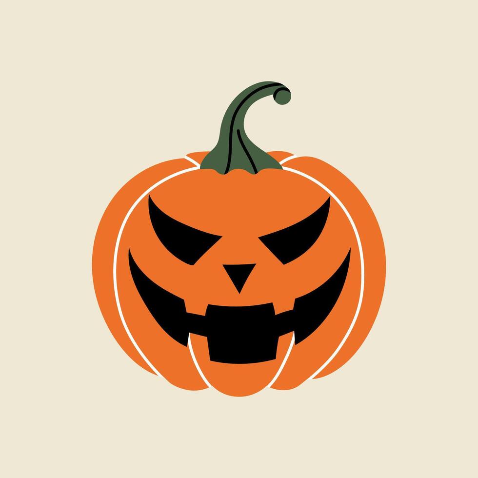 Orange scary pumpkin with smile, Halloween element in modern flat, line style. Hand drawn illustration vector