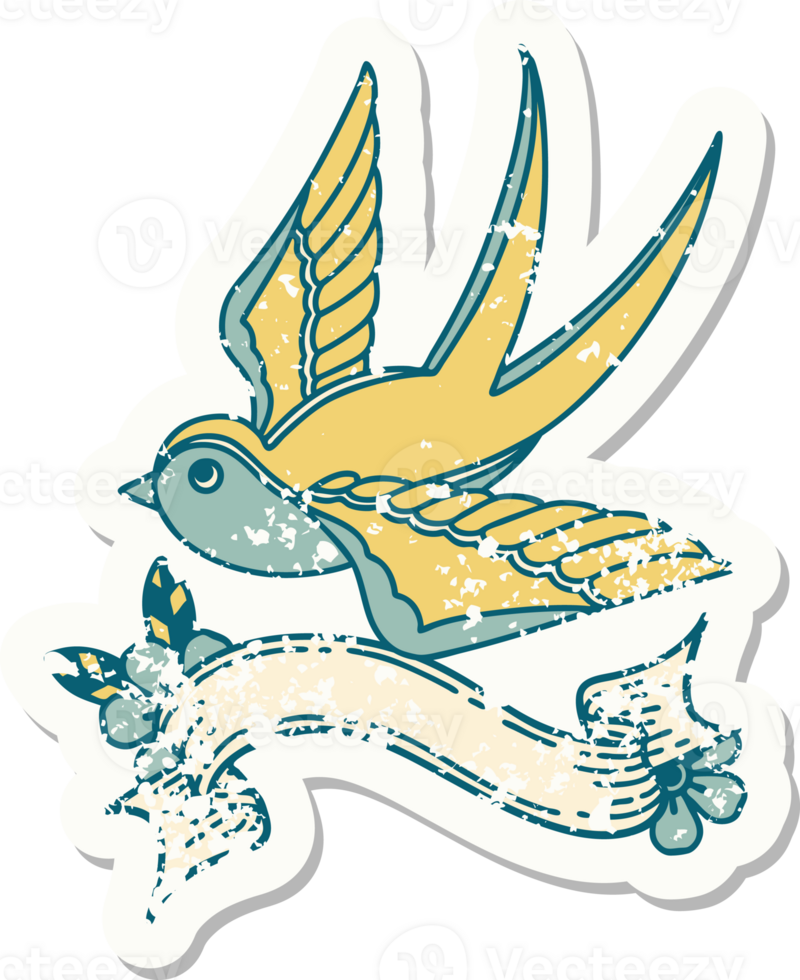worn old sticker with banner of a swallow png