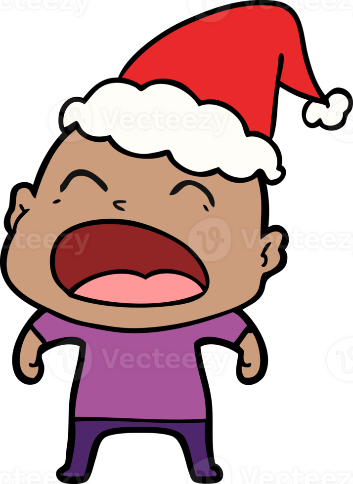 hand drawn line drawing of a shouting bald man wearing santa hat png