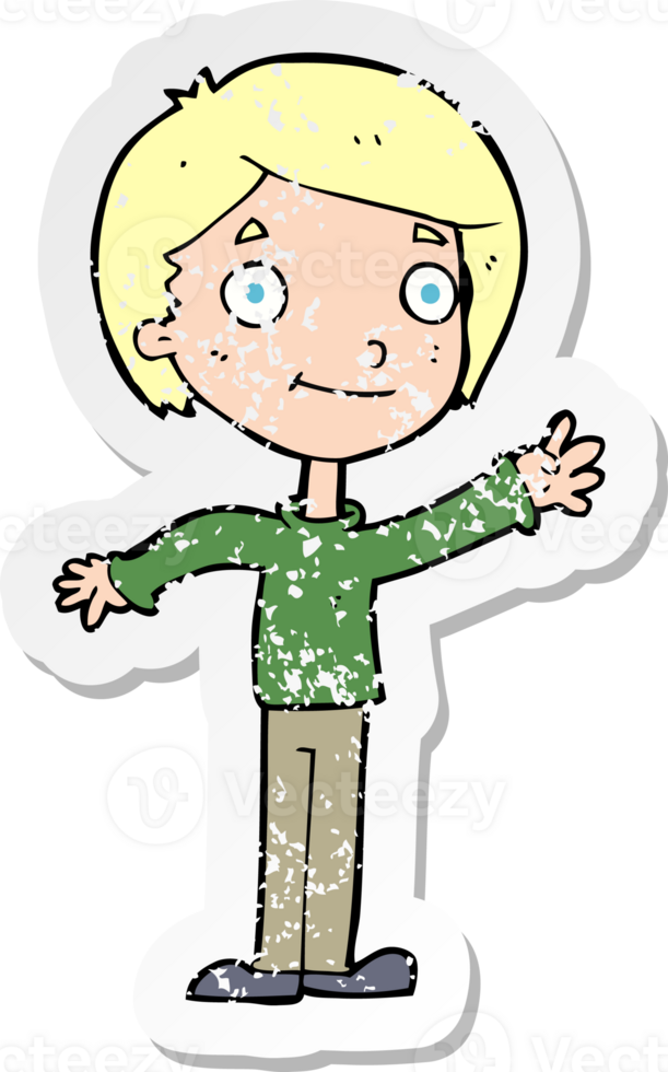 retro distressed sticker of a cartoon happy boy png