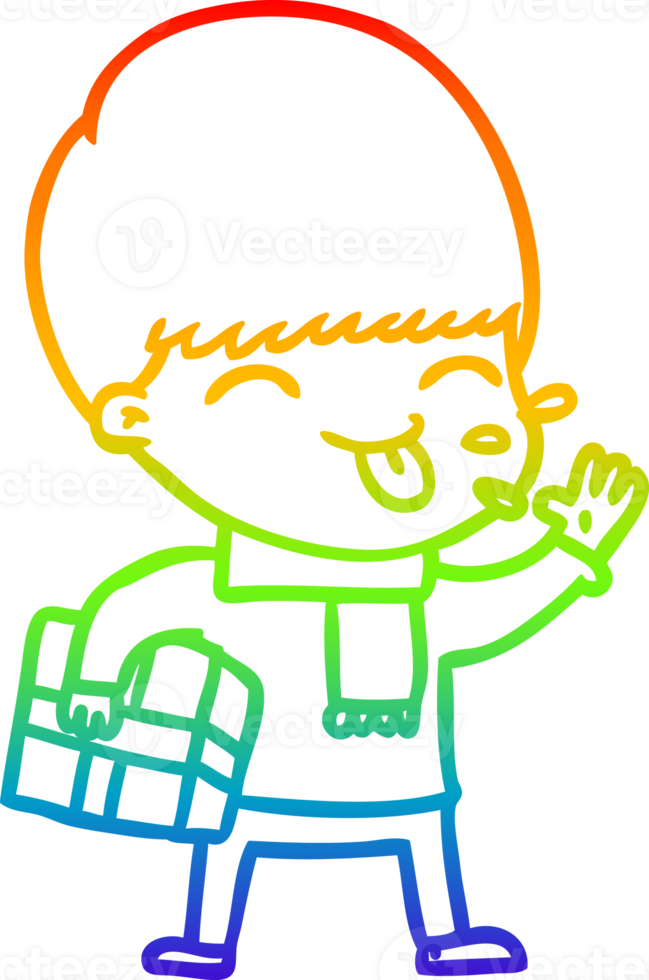 rainbow gradient line drawing of a cartoon boy sticking out tongue png