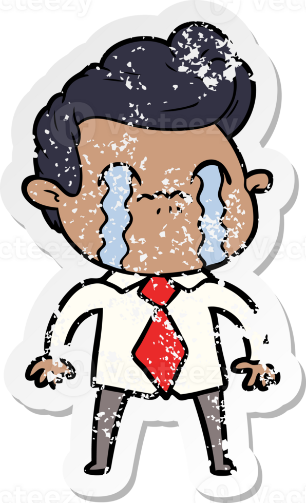 distressed sticker of a cartoon man crying png