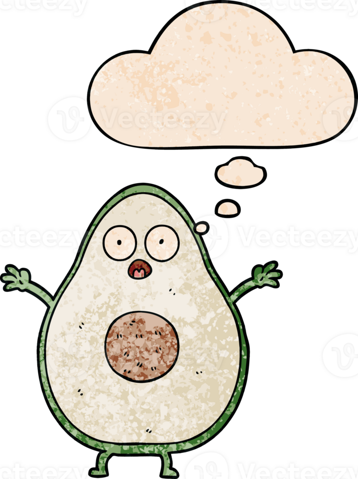 cartoon avocado with thought bubble in grunge texture style png