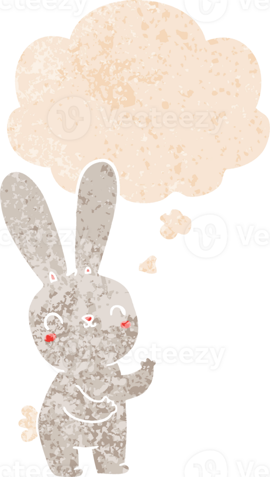 cute cartoon rabbit with thought bubble in grunge distressed retro textured style png