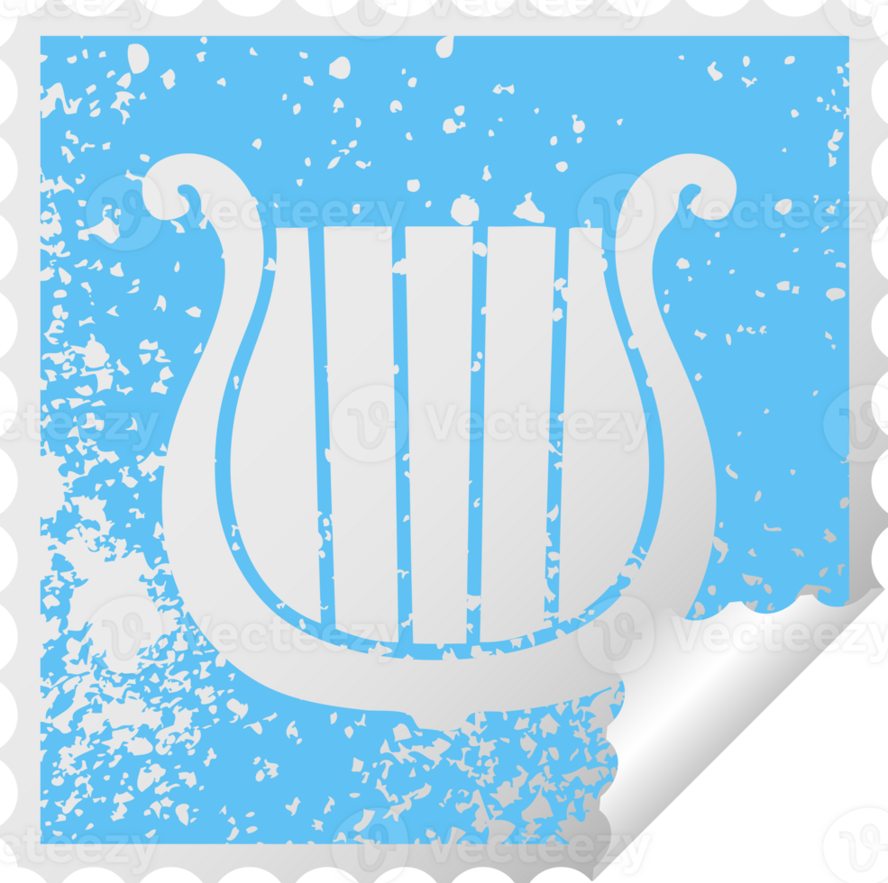 distressed square peeling sticker symbol of a golden harp png