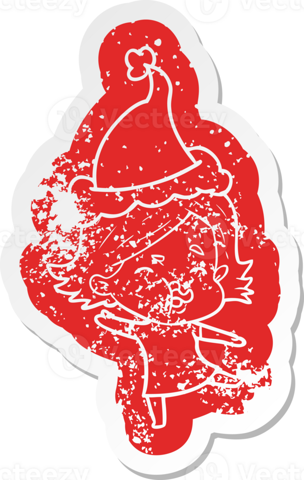 quirky cartoon distressed sticker of a girl pulling face wearing santa hat png
