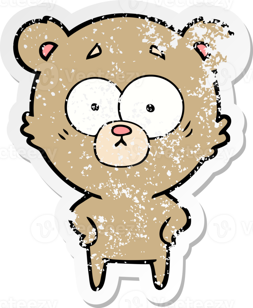 distressed sticker of a surprised bear cartoon png