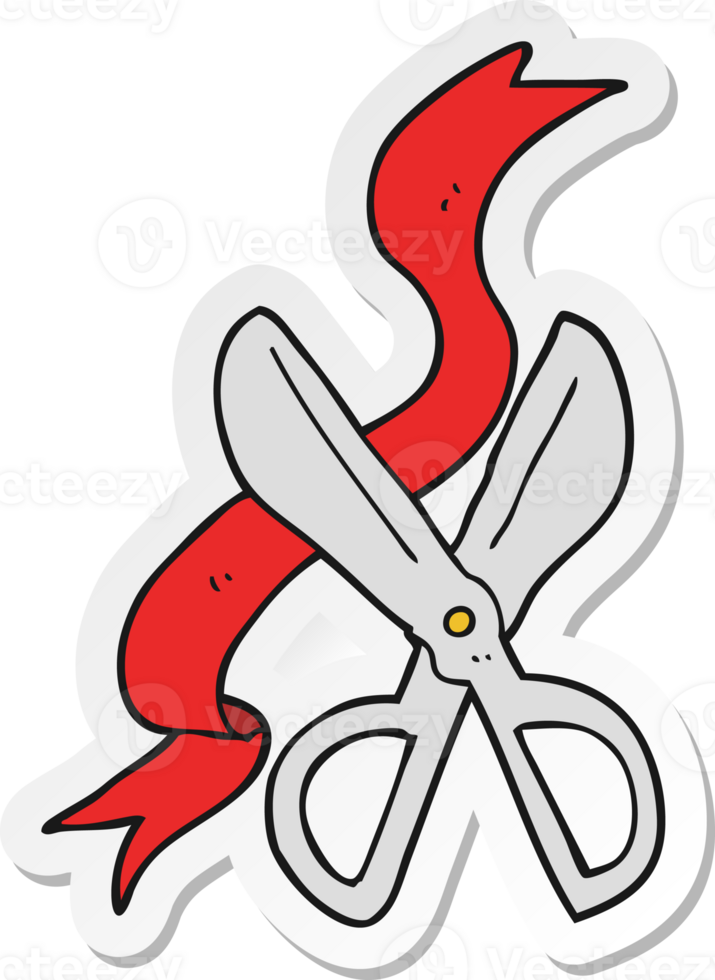 sticker of a cartoon scissors cutting ribbon png