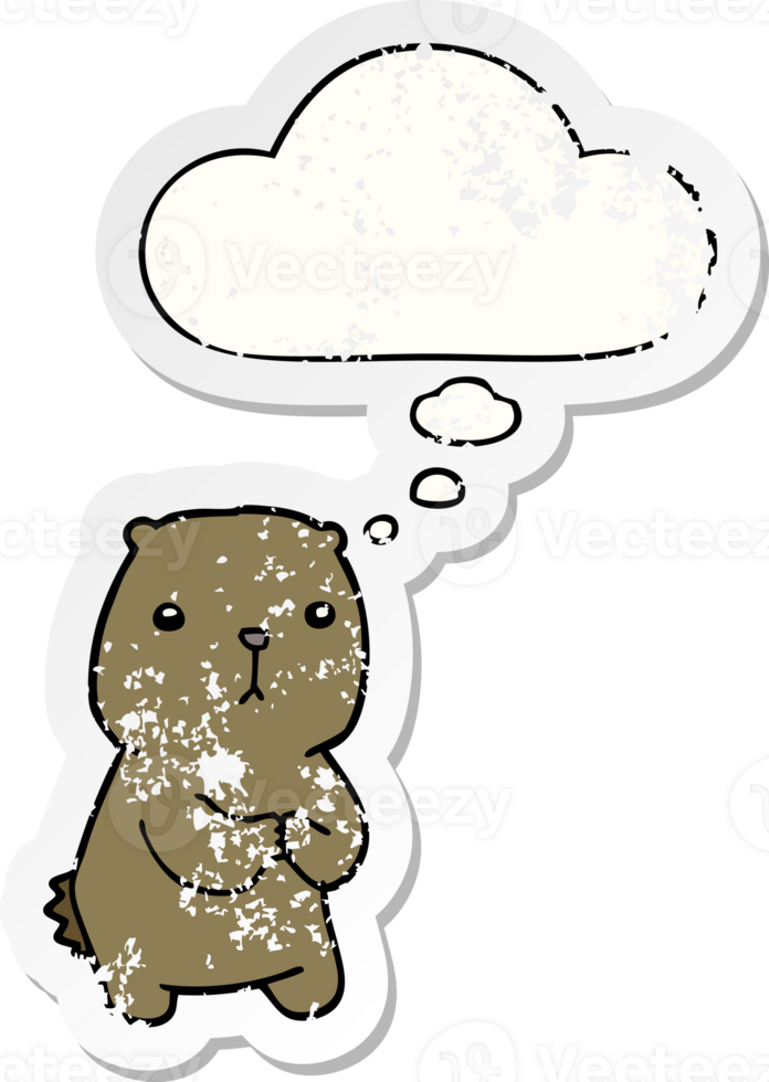 cartoon worried bear with thought bubble as a distressed worn sticker png